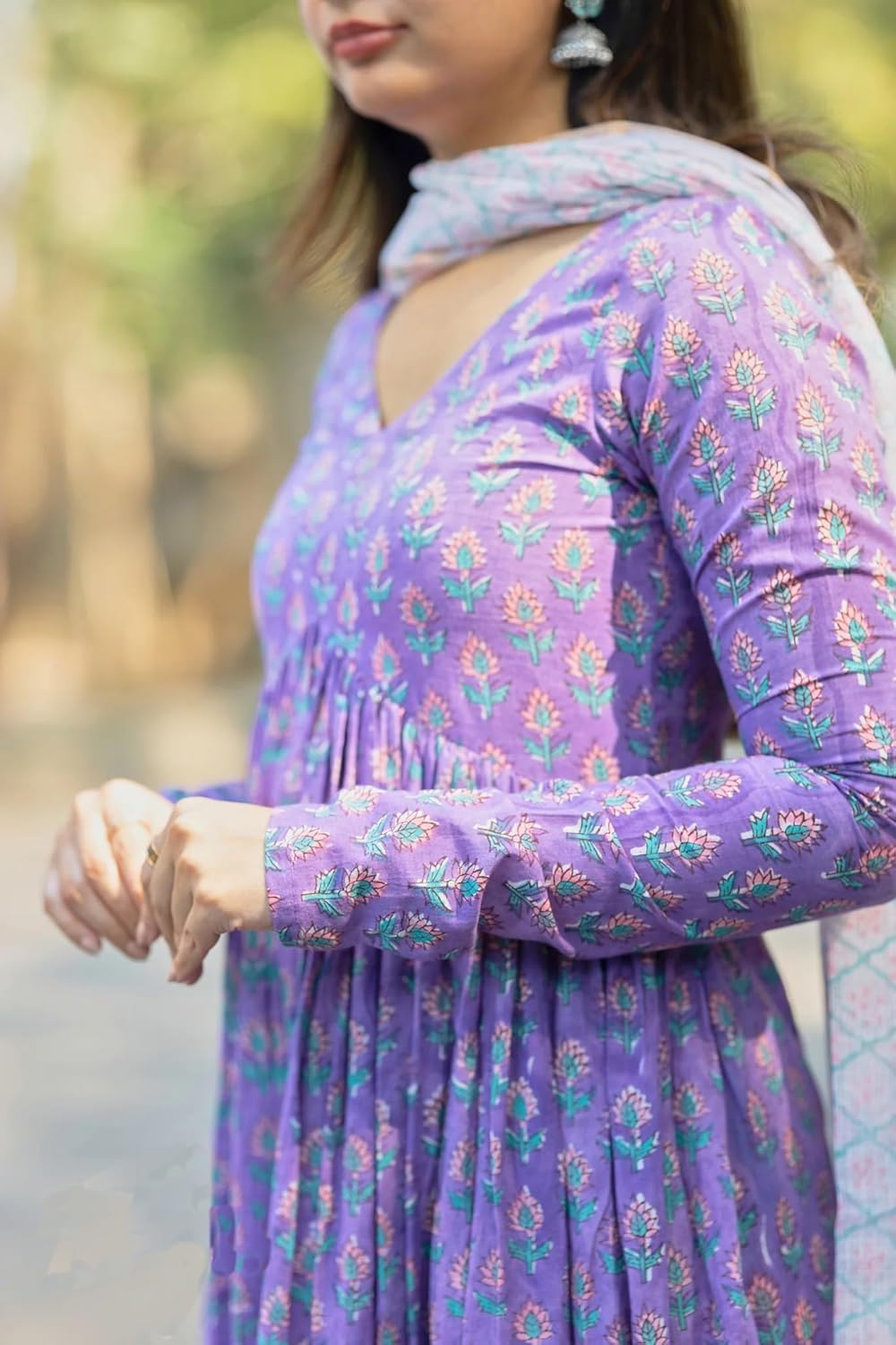 Nermosa Women Printed Anarkali Kurta and Pant Set with Dupatta